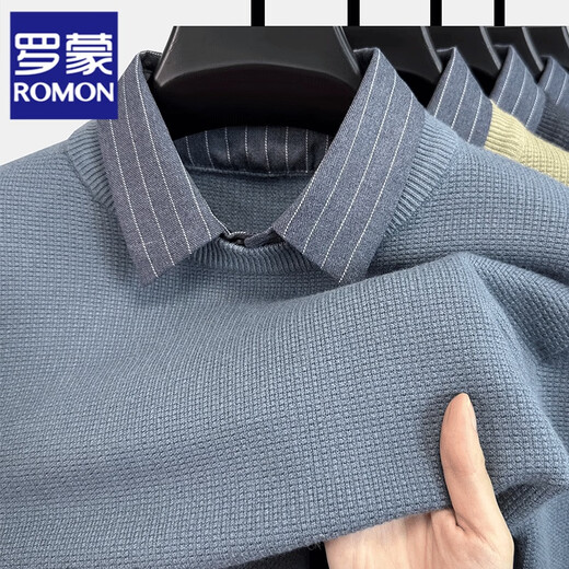 罗蒙（ROMON）假两件毛衣男秋冬季衬衫领套头毛衫中年男士保暖上衣针织打底衫潮 黑色+蓝灰 185/3XL