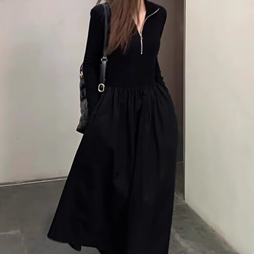 Miao Yijia Dress Women's Autumn Women's Skirt Knitted New High-end Long Skirt with Coat French Waist Slimming Black Zipper Long Sleeve A-Line Hepburn Style Dress XL Recommended 105-120 Jin Jin is equal to 0.5 kg