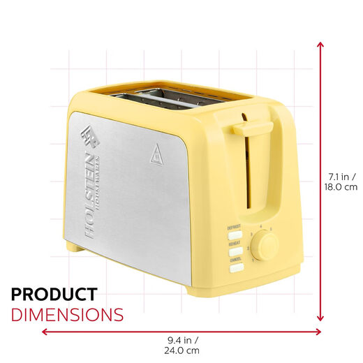 Holstein Housewares Yellow 2-Slice Toaster 7-stage toasting Extra-wide slots Removable crumb tray High lift Defrost function