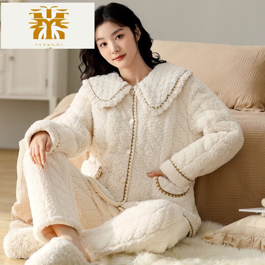 FMSERUIOS轻奢高档珊瑚绒夹棉睡衣女士冬季三层加厚加绒家居服女冬款法兰绒 MFB12250女 M