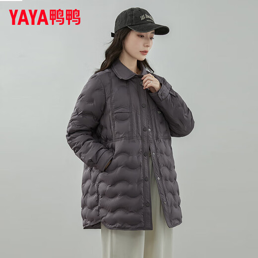 YAYA Lightweight Down Jacket Women's Mid-Length 2023 Winter New Fashion Korean Style Shirt Collar Slim Warm Jacket YZ Muyun Gray S (155)