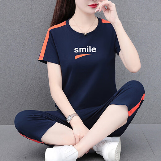 NY-EMMA运动套装女短袖夏季棉质休闲时尚中年洋气减龄广场舞跑步服两件套 689皮红（七分裤套装） XL(建议110-125斤)