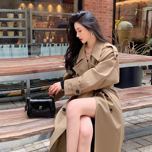 
GARNUO khaki windbreaker jacket for women mid-length 2025 new spring and autumn Korean small high-end British style coat khaki M[111-130Jin[Jin equals 0.5 kg]]