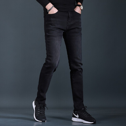 
Fan Litai autumn and winter plus velvet thickened smoke gray jeans for men slim feet fashionable casual simple men jeans long trousers QQ 1049 gray 33