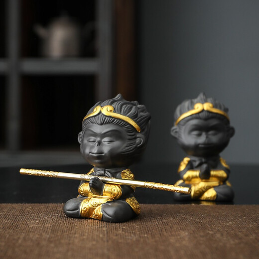 Yuxuan handmade purple sand tea pet with personality that can raise creative little monkey monkey tea play fish tank bonsai ornaments YYH---Purple clay little monkey painting gold belt stick
