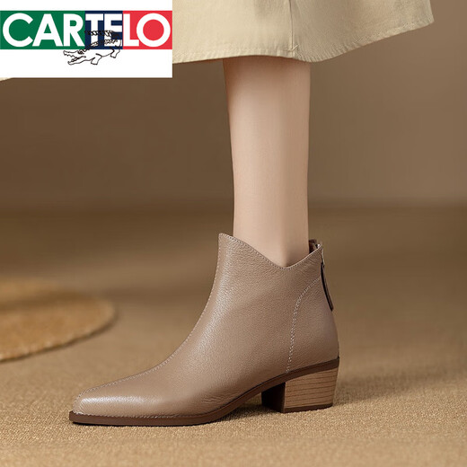 卡帝乐鳄鱼（CARTELO）粗跟尖头羊皮女鞋2025秋冬季新款中跟软皮后拉链及裸靴真皮女短靴 黑色(单里) 36
