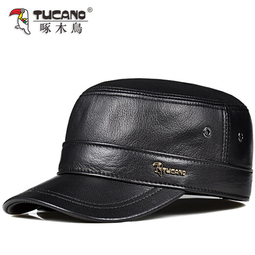 Woodpecker sheepskin hat men's autumn and winter genuine leather hat men's duck tongue flat cap for middle-aged and elderly people warm and cotton-fashionable seal black sheepskin thin style (no ear protection) XXL (59-60cm) small internal adjustment