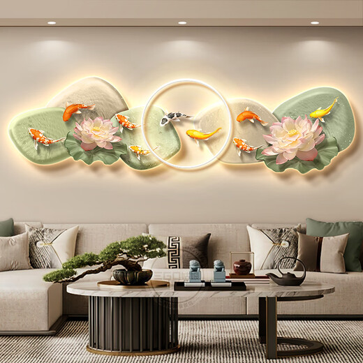 米聆九鱼图客厅沙发背景墙装饰画轻奢高级感石来运转挂新中式壁 九鱼嬉戏B暖光灯双层发光 12035cm双层UV亚克力精雕轻奢b