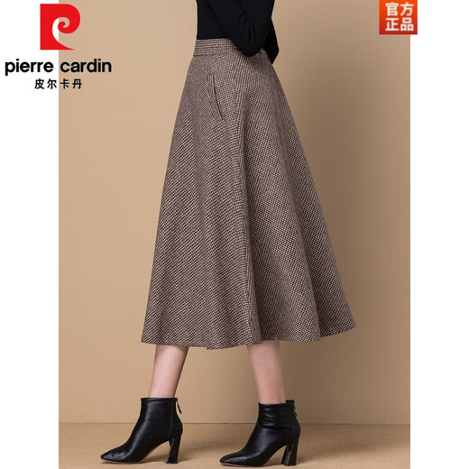 Pierre Cardin (Pierre Cardin) temperament women's woolen A-line skirt women's spring autumn and winter skirt mid-length retro high-waist large size mid-length skirt gray and white houndstooth L