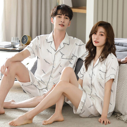 Shamido couple pajamas in summer new ice silk thin short sleeve shorts cardigan simple letters imitation silk men's women's home clothing set 0023-9923 white letters women's style-M