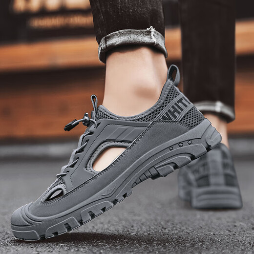 
Yilin Yue Sandals men's summer breathable bag head men's shoes sports non-slip hole shoes outside wearing driving dual-purpose beach sandals sandals sandals 12202 black single layer 39