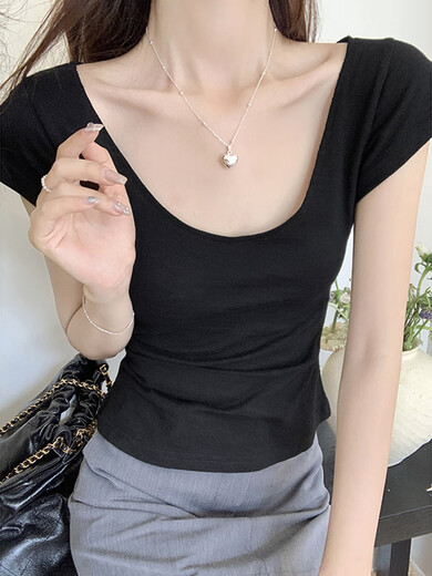 Jin Biao quiere una camiseta de manga corta delgada de cuello en U para mujeres 2024 Summer Nuevo esclavículo elegante Camisa negra corta Top 1391# White M M