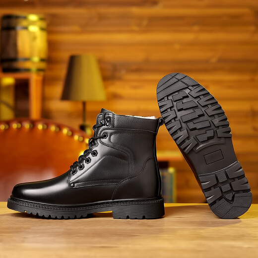 
Western Region Camel Martin Boots Men's Genuine Leather Wool Warm Cotton Boots High-top Cowhide Working Outdoor Thick Snow Boots Winter 3519 Black [Fur Integrated Flat Bottom Style] 41