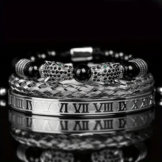 Pangdonglai Qualität Doppelköpfiges Leopardenarmband Kupfer Mikroset Zirkon schwarzes Achatarmband gewebte Männer aus Edelstahl Römisch-Armband Stapel ZJ12807