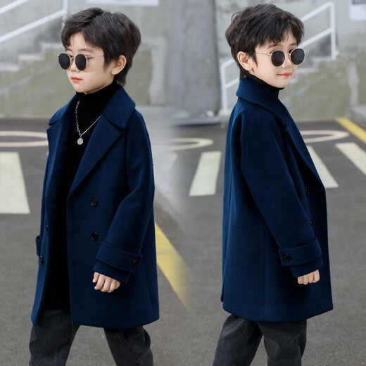 Disney (Disney) Boys Korean Version Thick Woolen Coat Children's Autumn and Winter New Double-breasted Medium-Length Woolen Windbreaker Coat Lake Green Cotton and Thickened Winter Style L-140 Recommended Height 130cm