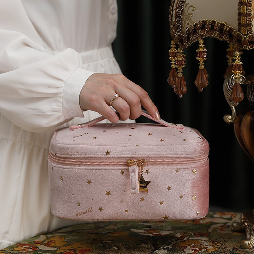 ToMill Cosmetic Bag Women's Large Capacity Skin Care Product Storage Bag Business Travel Toiletries Bag Velvet Portable Cosmetics Storage Bag Velvet Weaver-Pink + TPU Transparent Bag