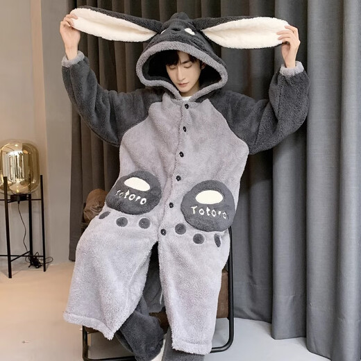 
Blue Road Feng Men's Pajamas Autumn and Winter Coral Velvet Plus Fleece Thickened Teenagers Winter Hooded Large Size Sleeve Home Suit Set 9901 Chinchilla [Sleeve Gown + Pants] Men's L (110-130)