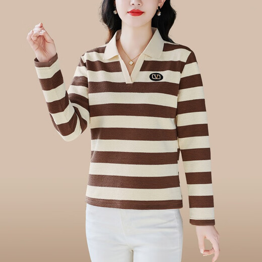 Fangluyu long-sleeved T-shirt for women in spring and autumn new middle-aged mother high-end cotton lapel POLO shirt casual T-shirt loose T-shirt 6636 black and white one size XL recommended to wear 110-119Jin [Jin equals 0.5 kg]
