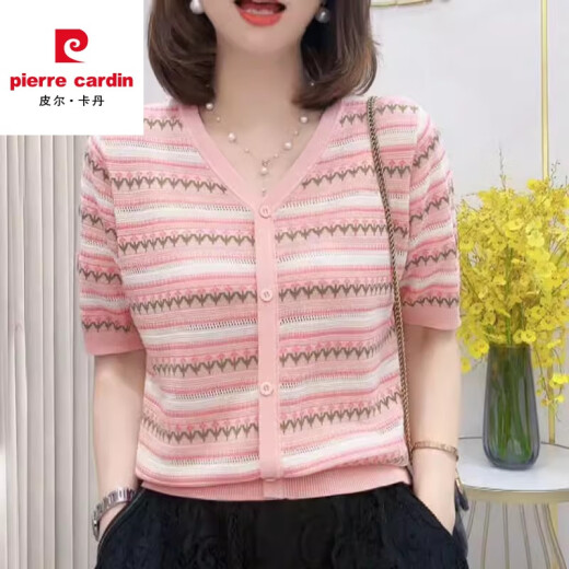 皮尔卡丹冰丝开衫短袖t恤女夏季2024新款设计感粉色提花条纹休闲薄款上衣 1049#灰色 XL 【建议115-130斤】