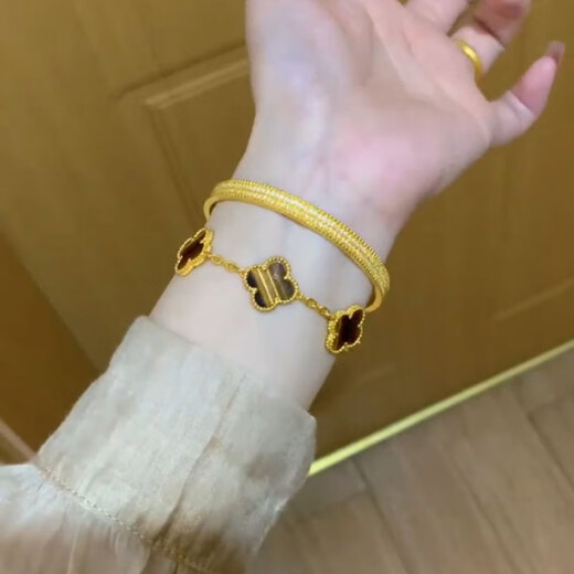 易昇黄金五花四叶草手链女士999足金幸运链条手链时尚首饰生日送女友 黄金四叶草虎眼石手链 金约9.5g