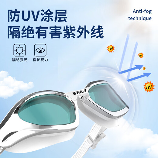 鲸鱼S6专业男女成人近视防雾泳镜中框1888天起雾换新带度数游泳眼镜 闪亮银-茶色高清镜片（赠泳帽）