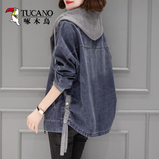 Woodpecker denim jacket women's short 2025 spring and autumn new Korean loose hooded casual baseball uniform top 9887 models L 112-123Jin [Jin equals 0.5 kg]