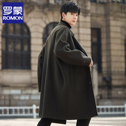 ROMON double-sided velvet pure wool woolen coat for men 2025 new autumn and winter thickened mid-length windbreaker woolen coat for men pickle gray green M (130Jin Jin is equal to less than 0.5 kg)