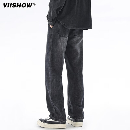 Viishow washed jeans men's simple retro casual loose versatile straight trend brand cleanfit wide leg work pants black 2XL