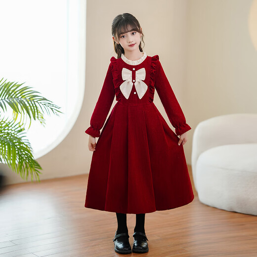Xuanxuan Xiubei girls princess dress autumn and winter 2024 new children's long-sleeved dress little girl style velvet long skirt burgundy velvet hairpin 160