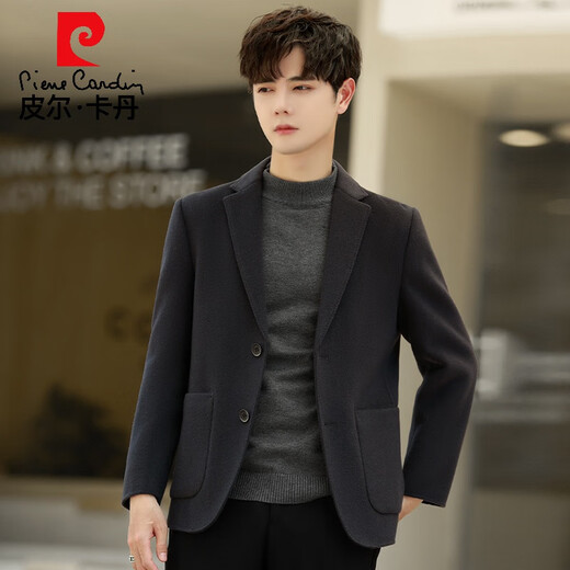 皮尔卡丹毛呢西装外套男春秋季休闲韩版羊毛西服上衣加厚双面呢大衣短款 黑色 M 170