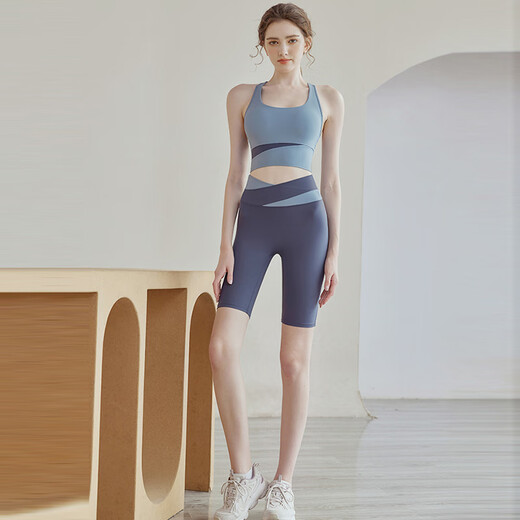Hui'ang sports suit women's yoga clothing running fitness clothing quick-drying clothing color matching underwear shorts vest five-quarter pants blue L