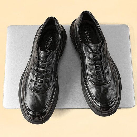Saturday men's toe-layer cowhide fashionable business formal leather shoes men's lace-up commuting versatile casual leather shoes black