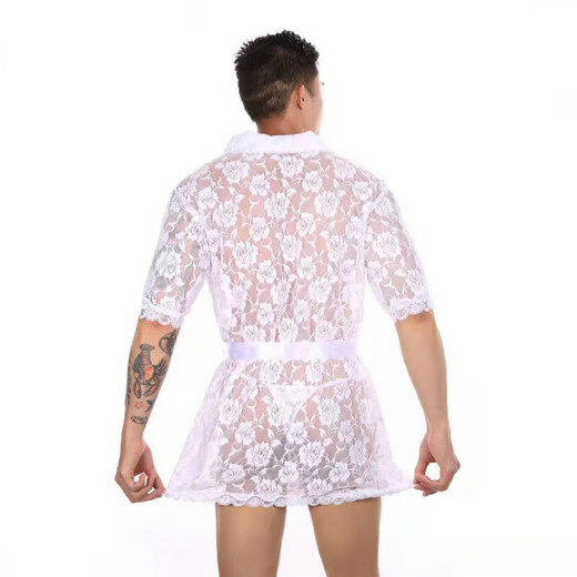 
Men's sex nightgown for men super sexy lace transparent thong bathrobe home clothes set perspective tempting sex toys black XXL