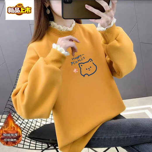 初径加绒卫衣女秋冬款韩系宽松大码网红校园风新款假两件蕾丝领上衣潮 橘色719加绒 M 90-110斤