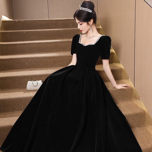 Li Baixin's new black large size evening dress annual meeting art exam velvet slimming high-end host vocal art exam dress winter black long sleeve M