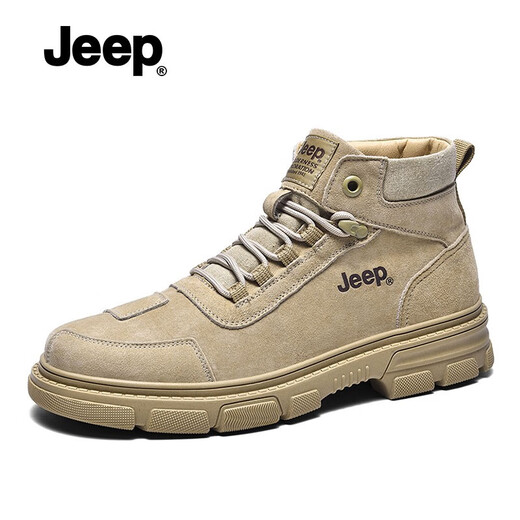 Jeep Jeep Martin Boots Men's Summer New High Top Shoes Men's Trendy Workwear Boots Men's Non-Slip and Wear-Resistant Hiking Shoes Men's Light Khaki [Standard Leather Shoe Size] 40