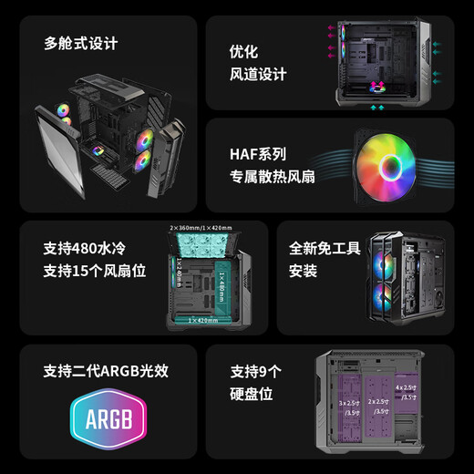 酷冷至尊（CoolerMaster）HAF700 EATX全塔电脑机箱 支持480散热水冷/15x风扇位/9xSSD位/免工具安装/4090