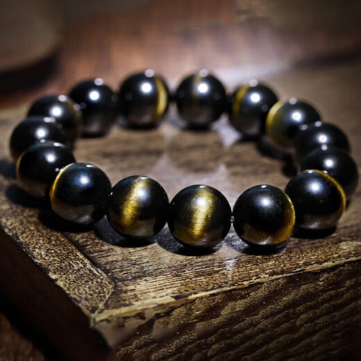 Shi Yue Jewelry Collection Grade 14mm Gold Cat's Eye Natural Obsidian Bracelet Zodiac Year Transport Bead Crystal Bracelet for Men and Women