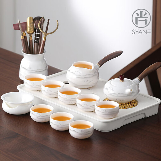 Shangyanfang mutton-fat jade porcelain Kung Fu tea set complete set of high-end home and office ceramic tea tray tea making tools and supplies 3 8-cup drinking version ink set
