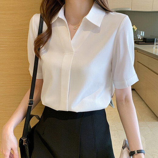 Light lady chiffon shirt women's short-sleeved spring and summer thin section 2021 new women's slim bow women's white shirt bottoming shirt top WQ1168 white M