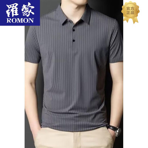 罗蒙（ROMON）2025夏季翻领无痕短袖T恤男士竖条纹休闲polo小衫男装潮流薄款 灰色 6996 M 170