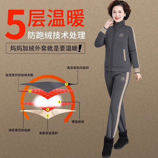 皮尔卡丹中老年女装运动套装女加绒加厚冬季大码中年妈妈装秋冬外套上衣 FQJnD3hj3hj9756 浅卡其 (春秋款 XLL (建议105斤以下)