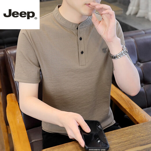 JEEP SPIRIT体桖衫男士棉麻短袖t恤夏季中国风高端简约小立领体恤夏天亨利衫 黑色 4XL