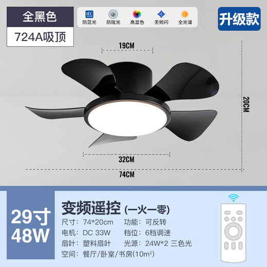 风向标儿童房卧室风扇灯马卡龙小型吊扇灯家用静音过道阳台薄吸顶电扇灯 全光谱29-724A全黑色-吸顶