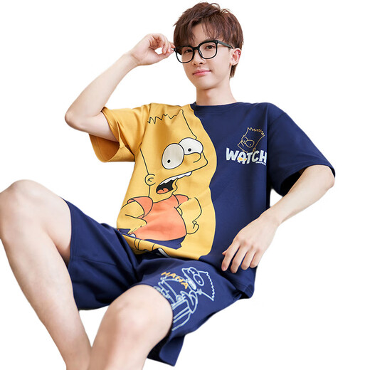 素芙露睡衣男夏季棉质短袖可爱卡通学生青少年男童初中生薄款家居服套装 s男 1398 女1396 XL 男