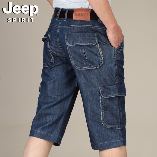 吉普（JEEP）牛仔短裤男多口袋工装裤直筒宽松时尚休闲薄款七分裤753 深蓝色 34