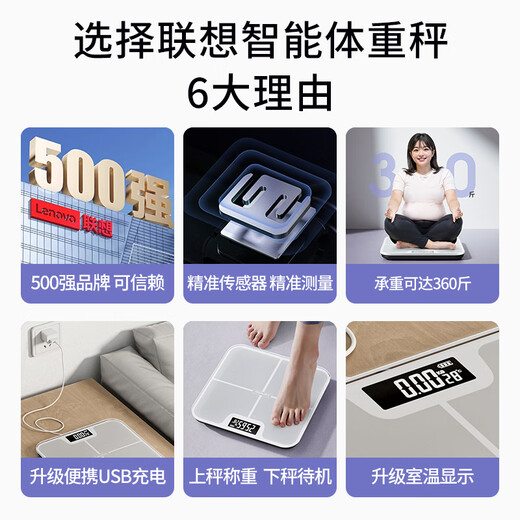 Lenovo Electronic Scale Human Body Weighing Household Weight Scale Accurate Weight Loss High Precision Intelligent Scale Temperament Gray USB Charging Model
