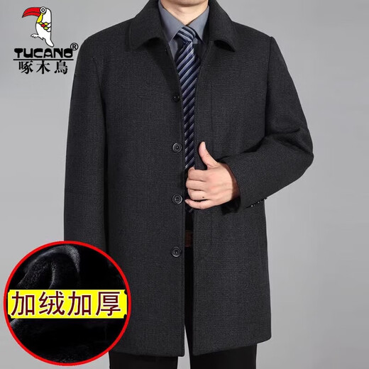 啄木鸟（TUCANO）中老年男外套春秋中长款羊毛呢大衣爸爸秋冬夹克加绒加厚冬装 浅灰色1301 180/XL  建议145-160斤