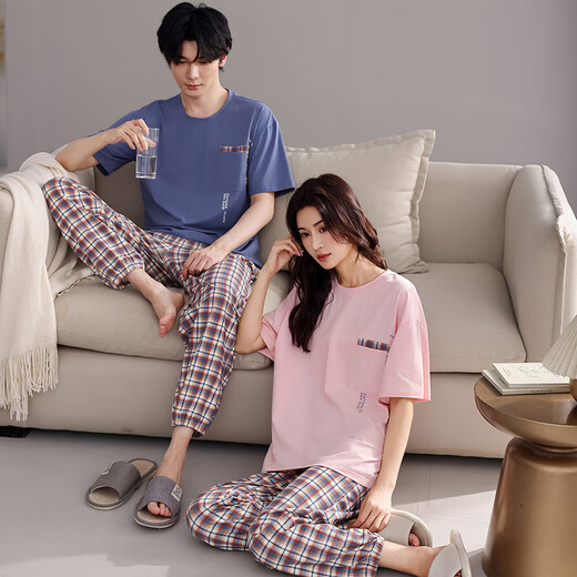 Yiduo couple pajamas men's summer thin cool cotton short-sleeved trousers summer casual large size women's home clothes set