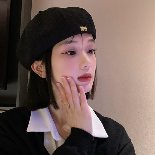 Rui Che Black Sweet Cool Beret Women's Autumn and Winter Big Head Waist Bud Painter Hat Ins Internet Celebrity Face-Showing Small Octagonal Hat Black M (56-58cm)